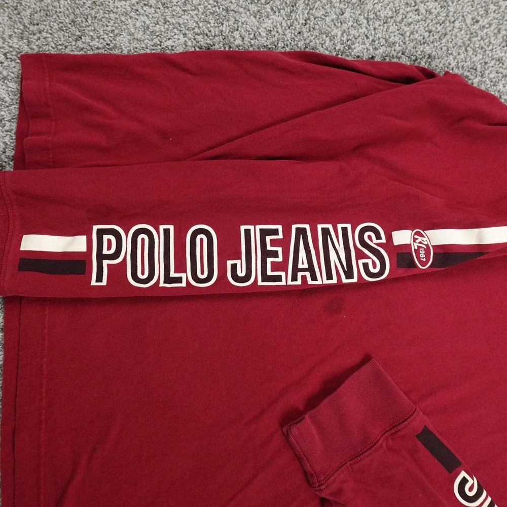 VTG Ralph Lauren Shirt Mens L Red Polo Jeans V Neck Long Sleeve Graphic logo USA